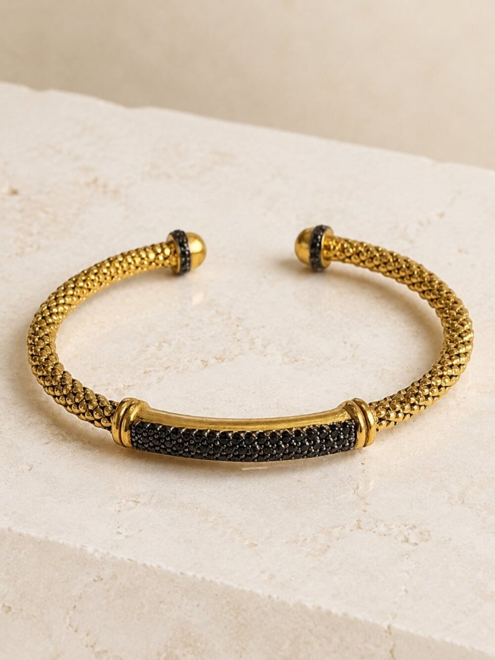 Bronzo Italia® Gold-Tone Cuff Bracelet with Black Spinel Accents – 7.25”